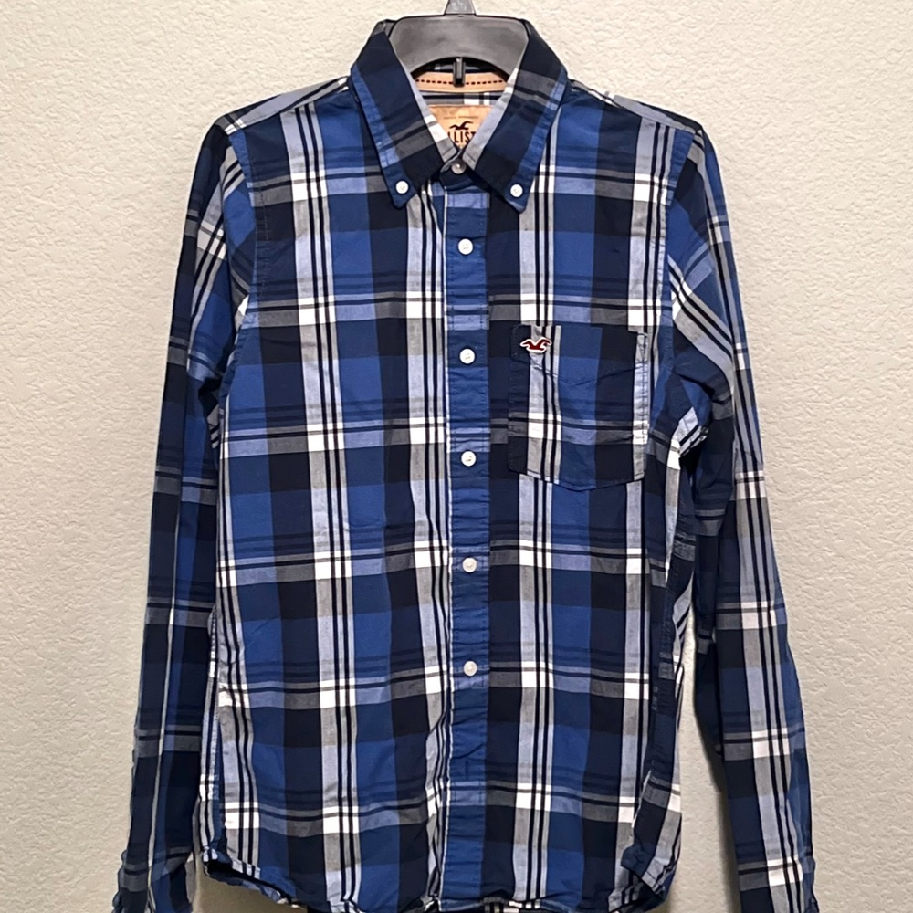 💥PRICE DROP!💥 Hollister Mens Large Blue Plaid Long Sleeve Button Up